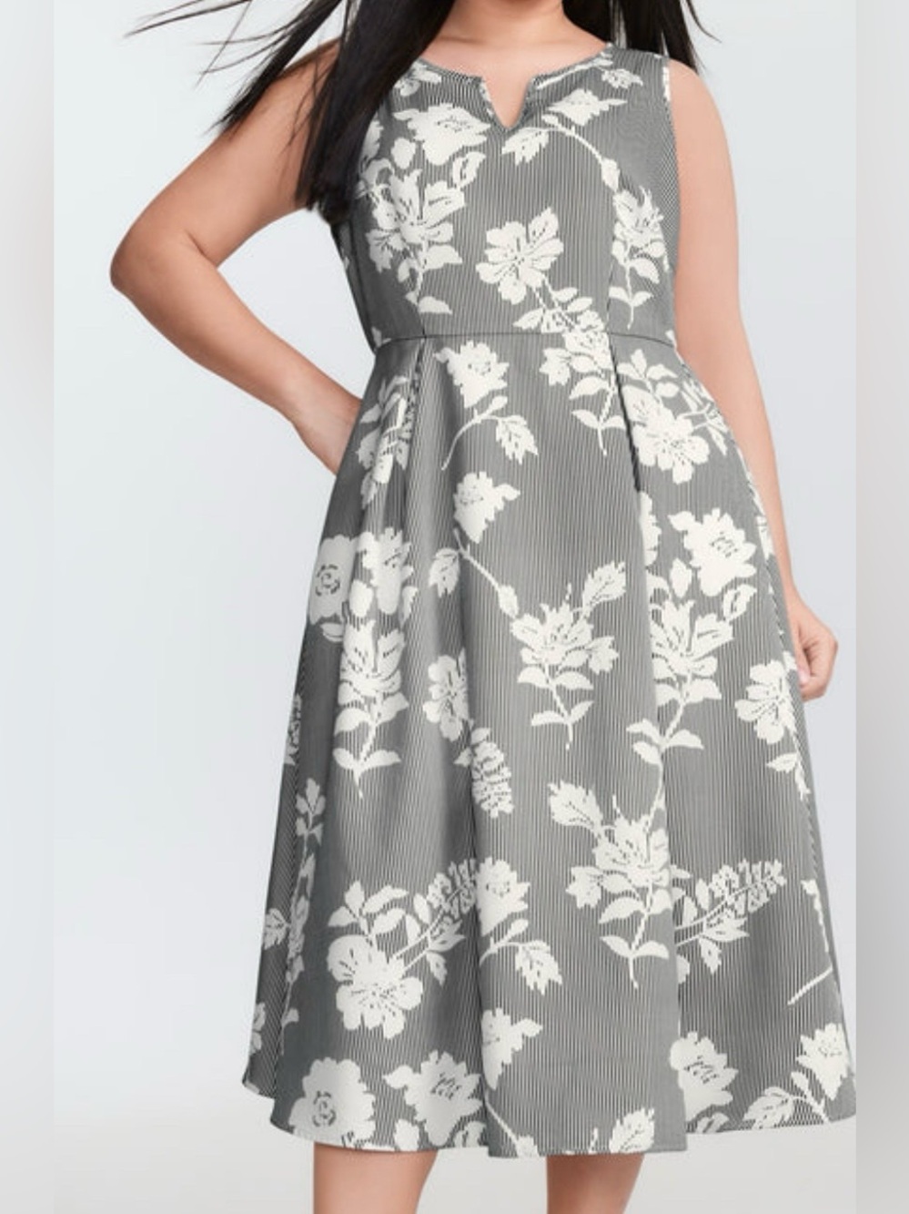 Striped Floral Print Notched Collar Midi Dress